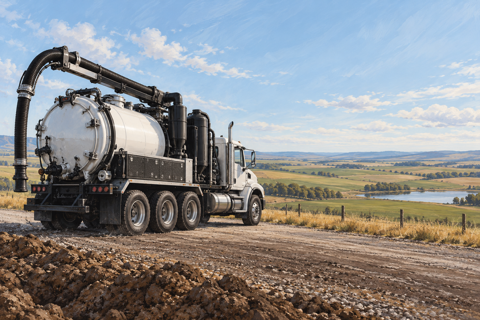 Illustration of a hydrovac truck, soil and Alberta farmland; not a photograph of the Seven71 facility.