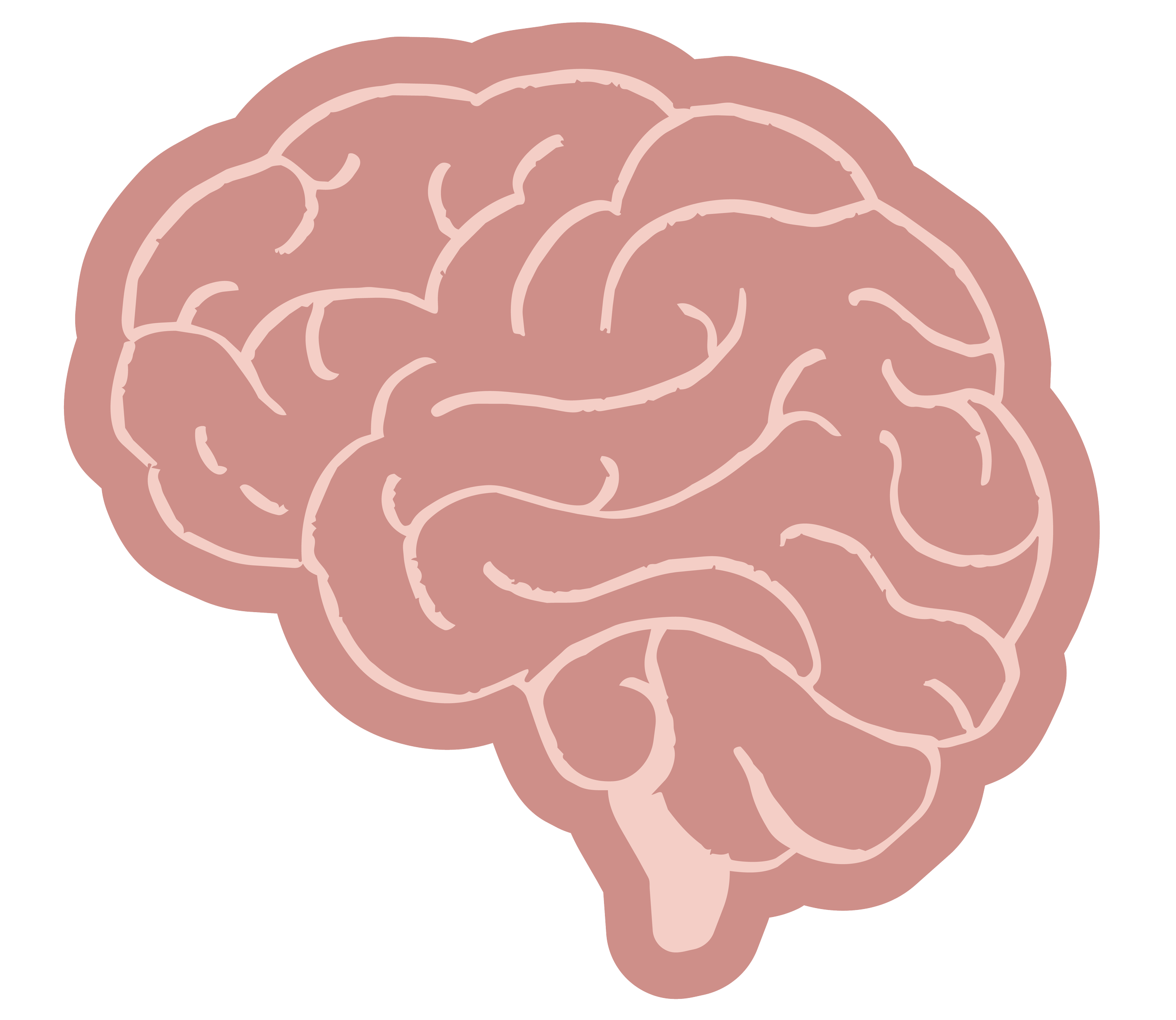 A digital illustration of a human brain in shades of pink and beige, showing detailed folds and structures.