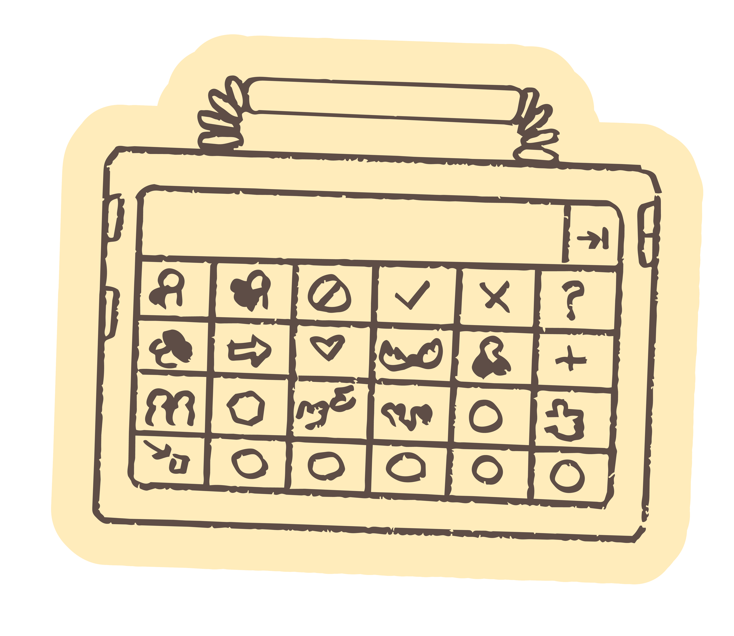 A hand-drawn illustration of an AAC device or a communication tablet featuring a beige background and black outline.
