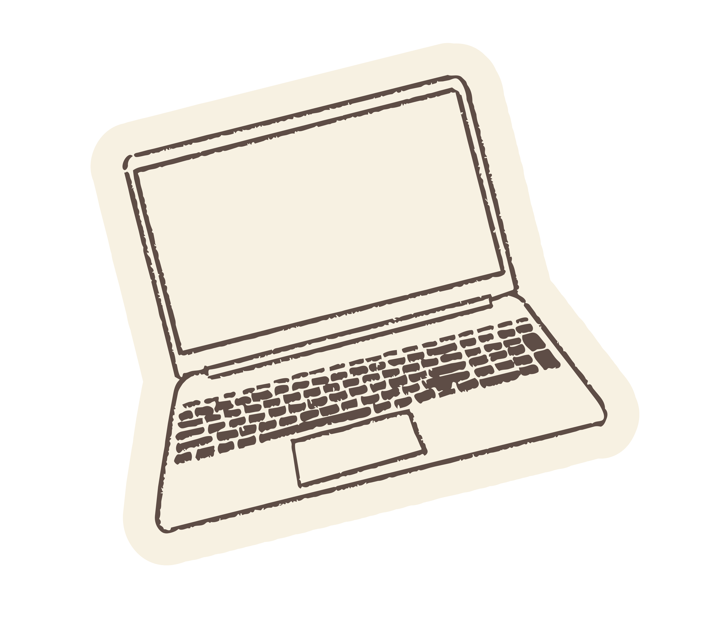 A sketch of a laptop computer with a blank screen and a keyboard.