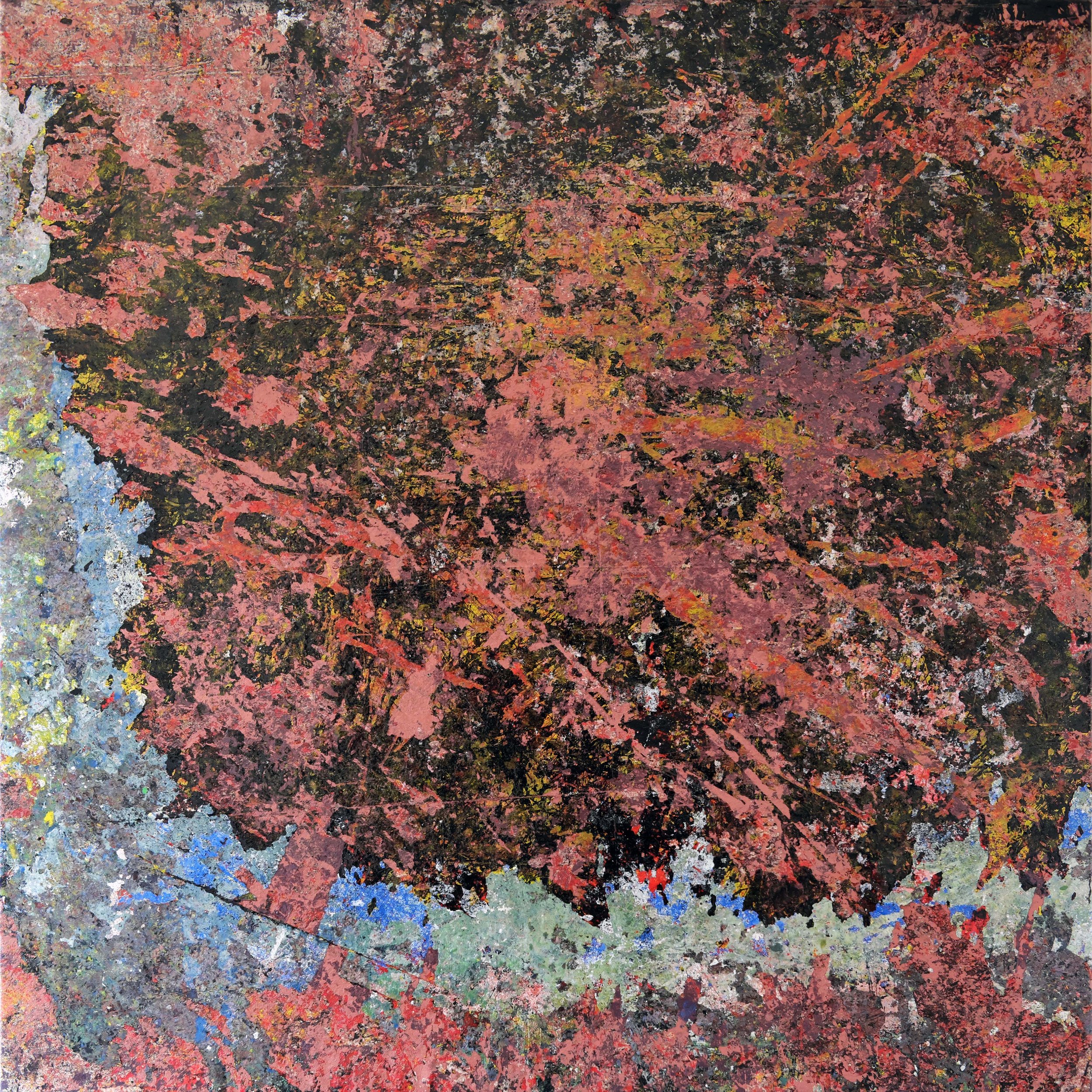 Abstract expressionist painting with heavily textured layers of pink, red, black, blue, yellow, and gray paint.
