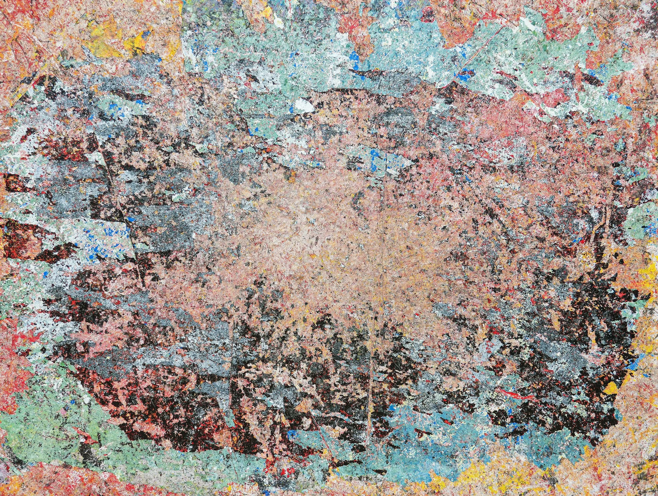 Abstract multicolored textured painting with layered turquoise, pink, red, yellow, black, and white brushstrokes