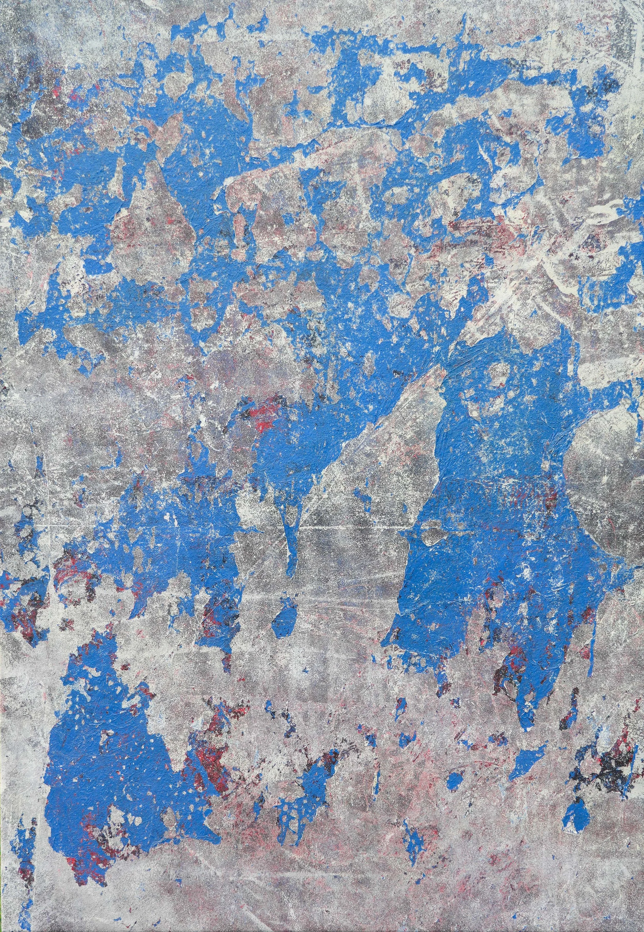 Abstract textured painting with distressed blue, gray, white, and red layers