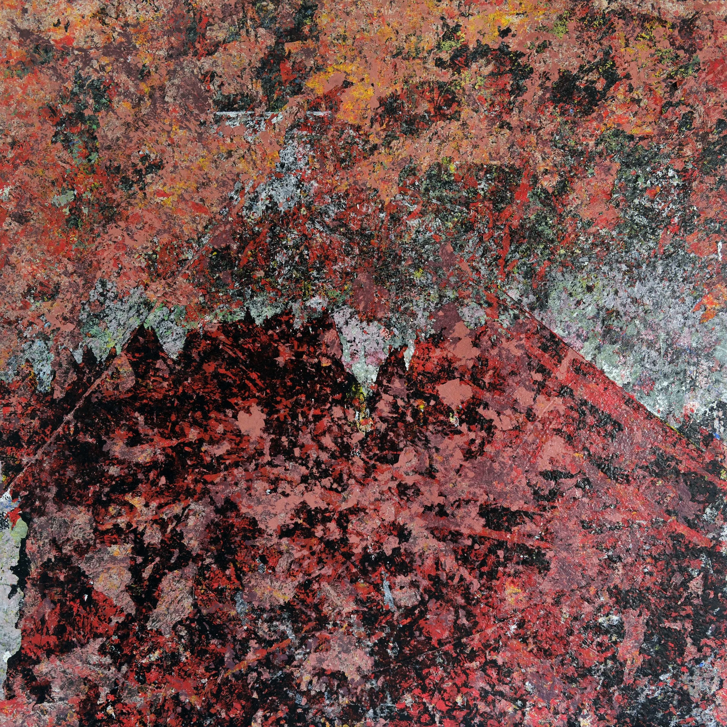 Abstract expressionist painting with heavily textured red, maroon, black, gray, and gold brushstrokes