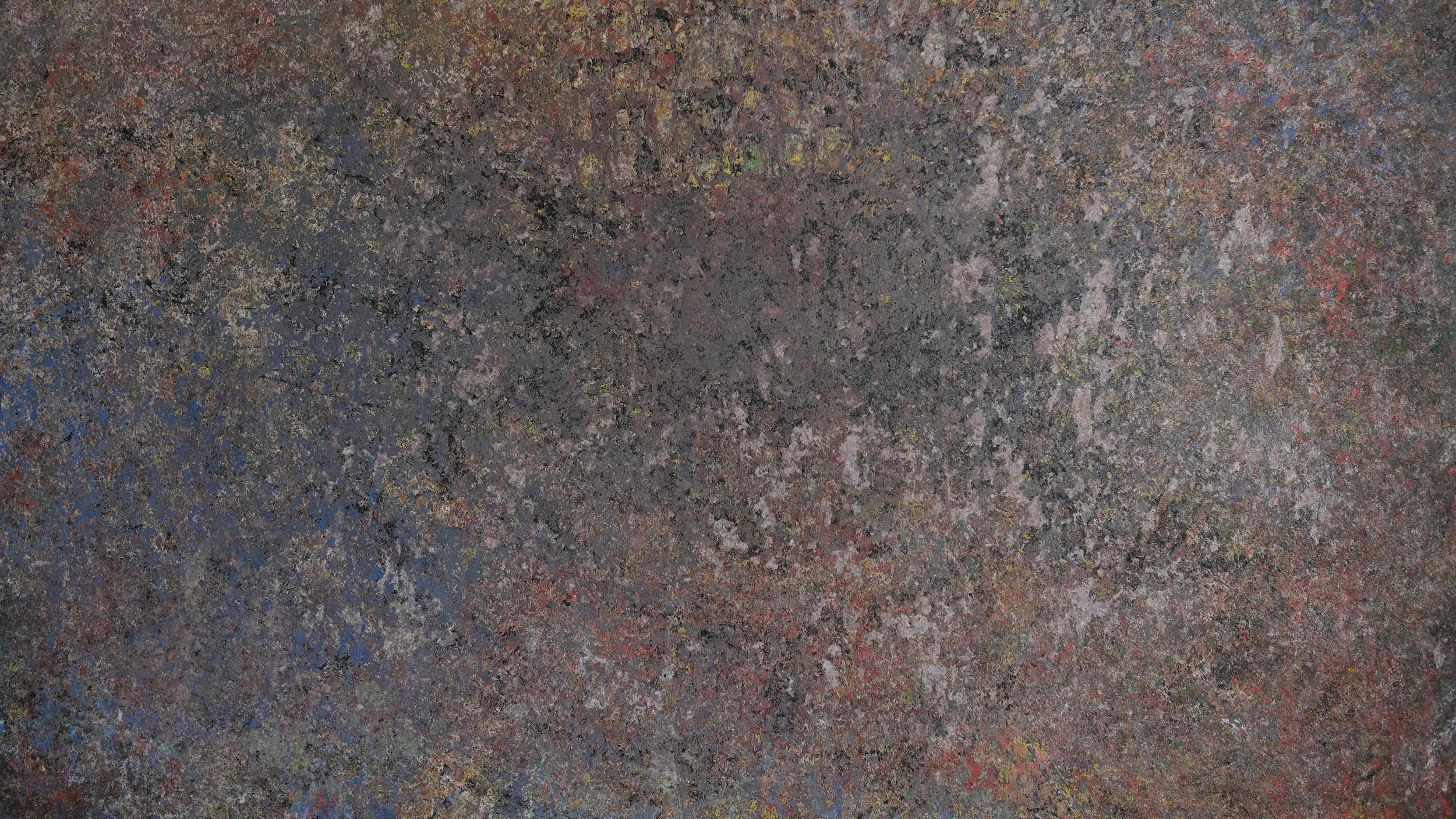 Abstract textured artwork with layered gray, brown, blue, red, and yellow brushstrokes