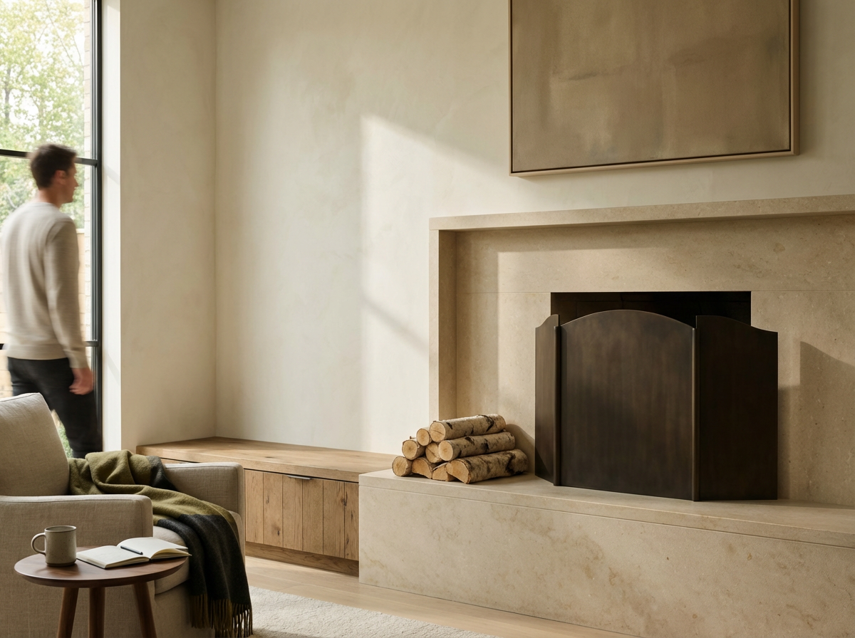 Minimalist living room with a beige fireplace, stacked firewood, a gray chair with a blanket, a small wooden side table with a cup and an open book, and a large window with sunlight and greenery outside.