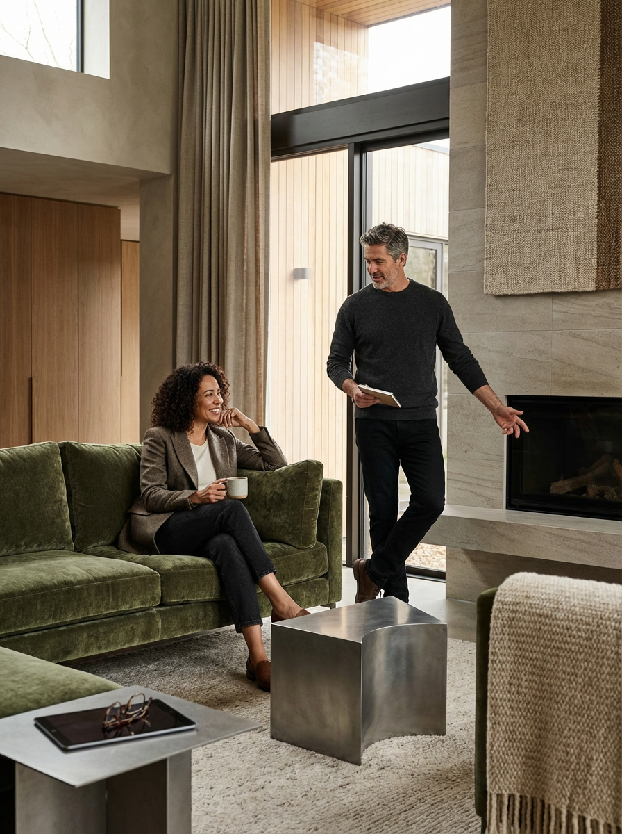 A man and woman having a conversation in a modern living room with large windows, green sofa, and fireplace.