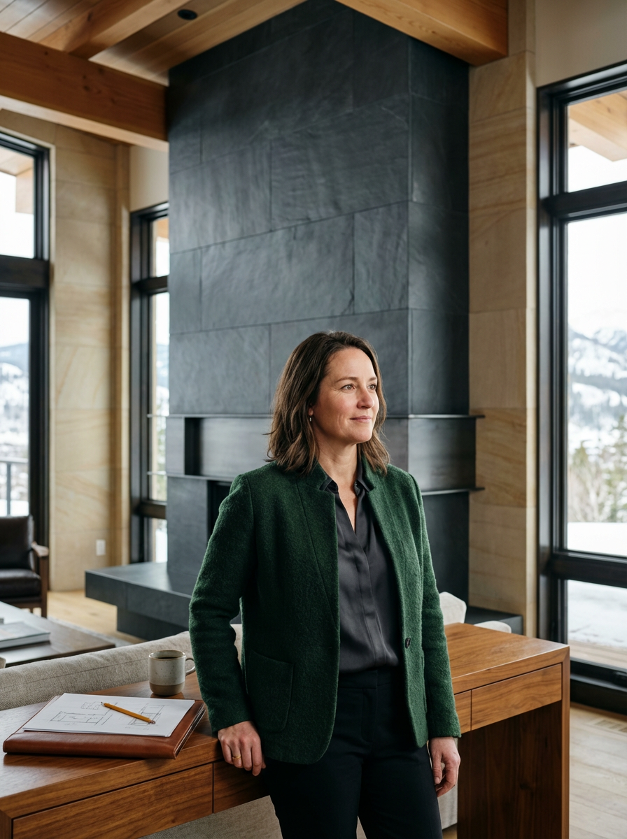 A woman standing in a modern room with large windows and a fireplace, wearing a green blazer and black shirt, with a desk and a white cup nearby.