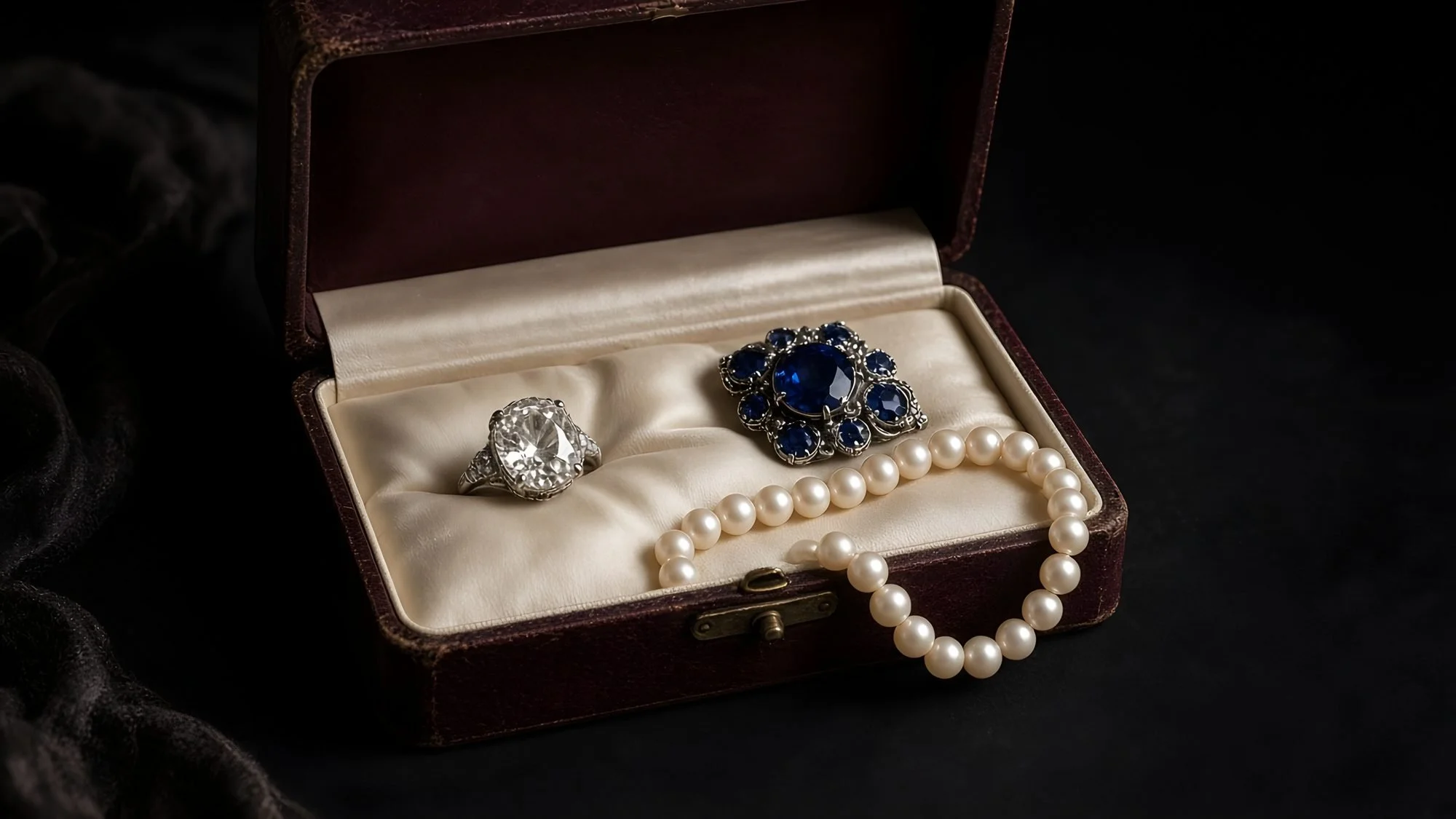 Antique jewellery box with a diamond ring, sapphire brooch and pearl necklace presented for private sale