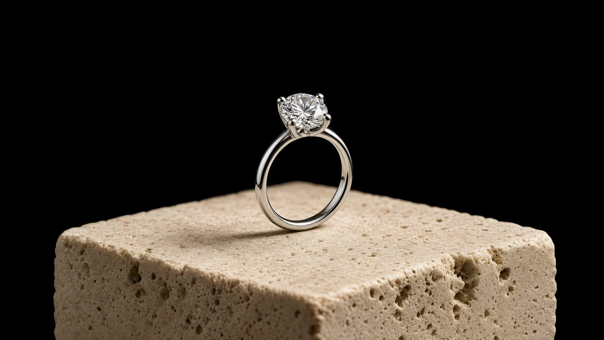 Solitaire diamond engagement ring on a travertine plinth – bespoke engagement ring