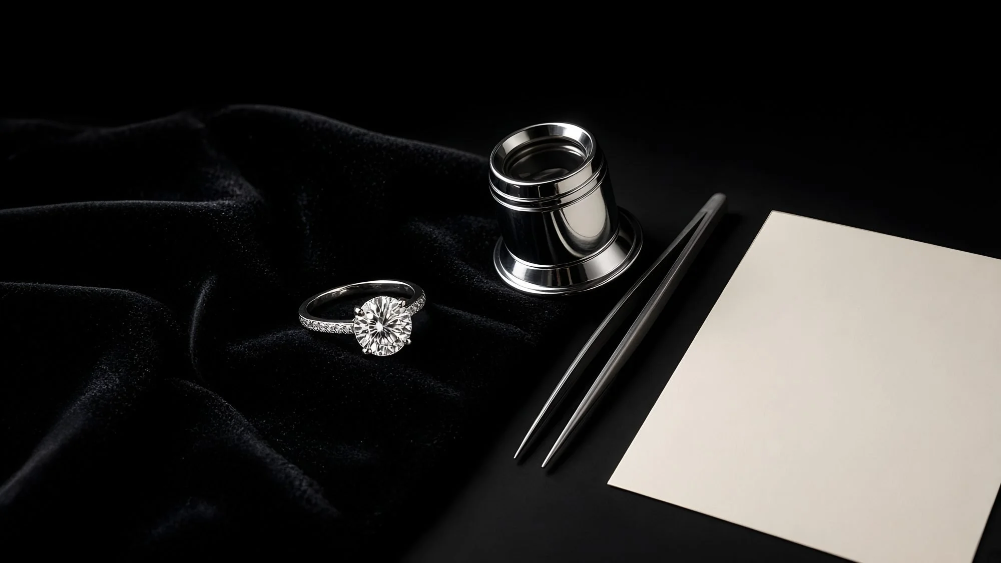 Diamond ring beside a jeweller's loupe and a blank valuation card – jewellery valuation