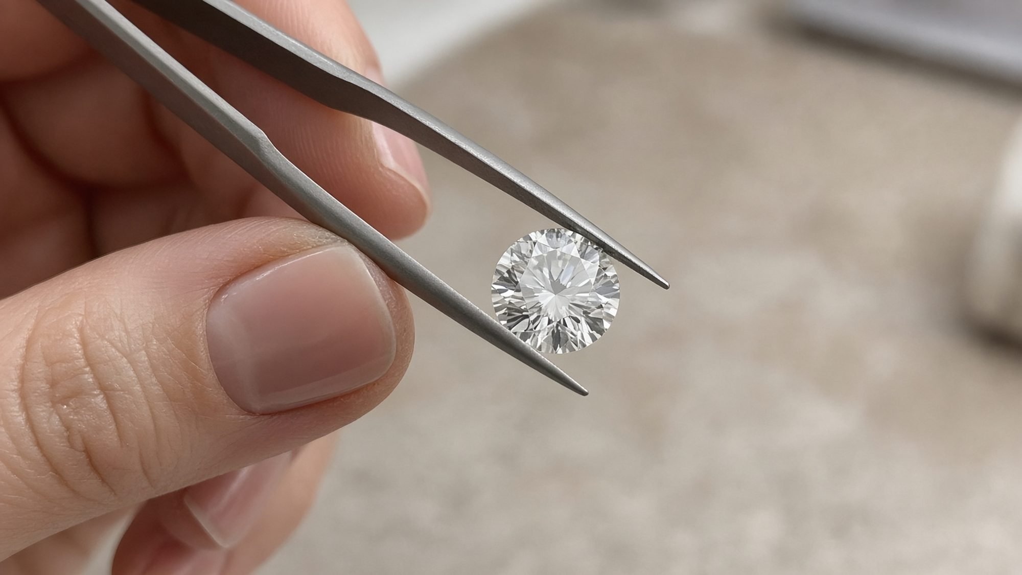 Loose diamond held in tweezers for inspection – diamond sourcing