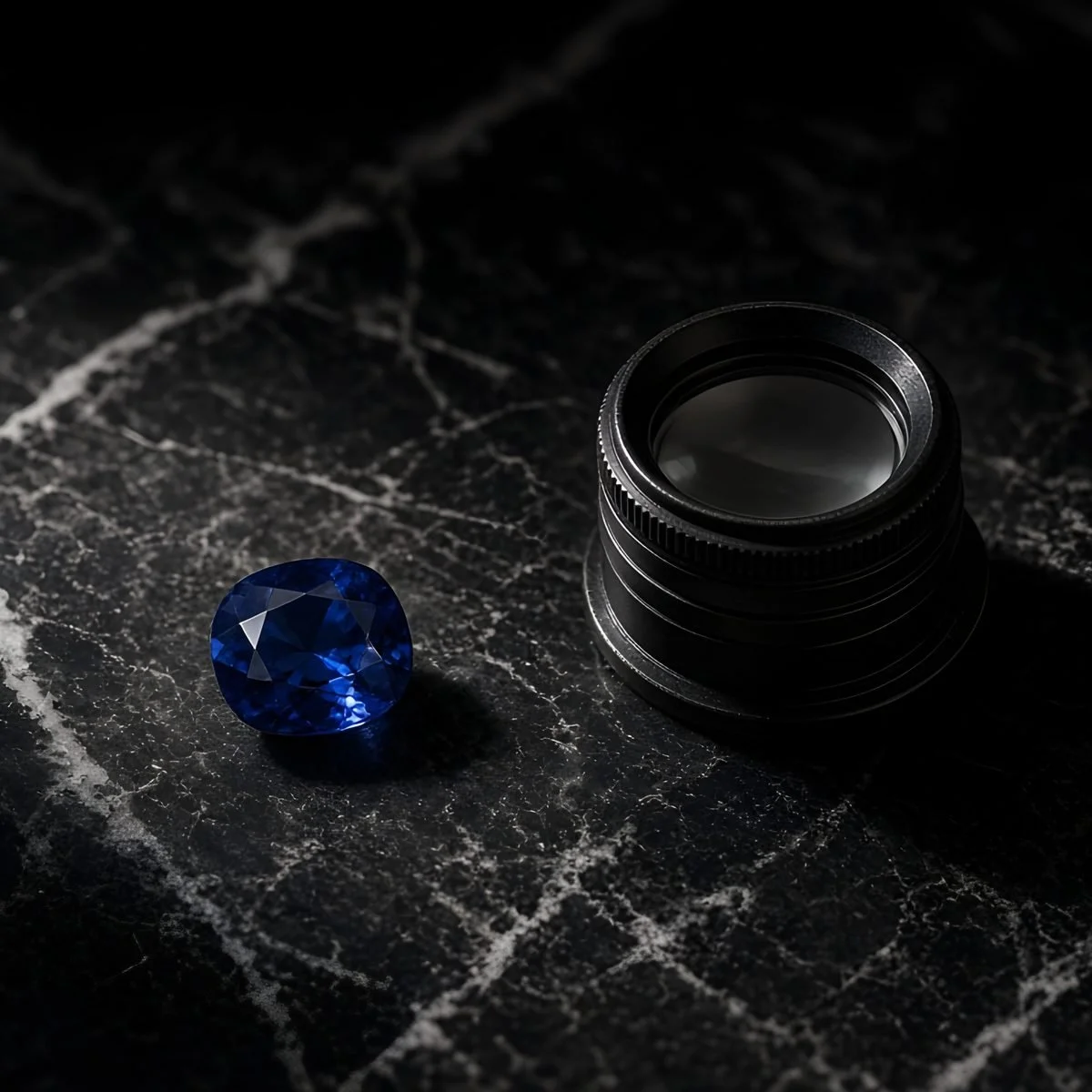 Blue sapphire beside a jeweller's loupe on black marble