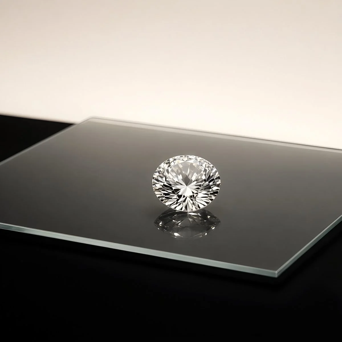 Round brilliant diamond resting on a clear glass plate