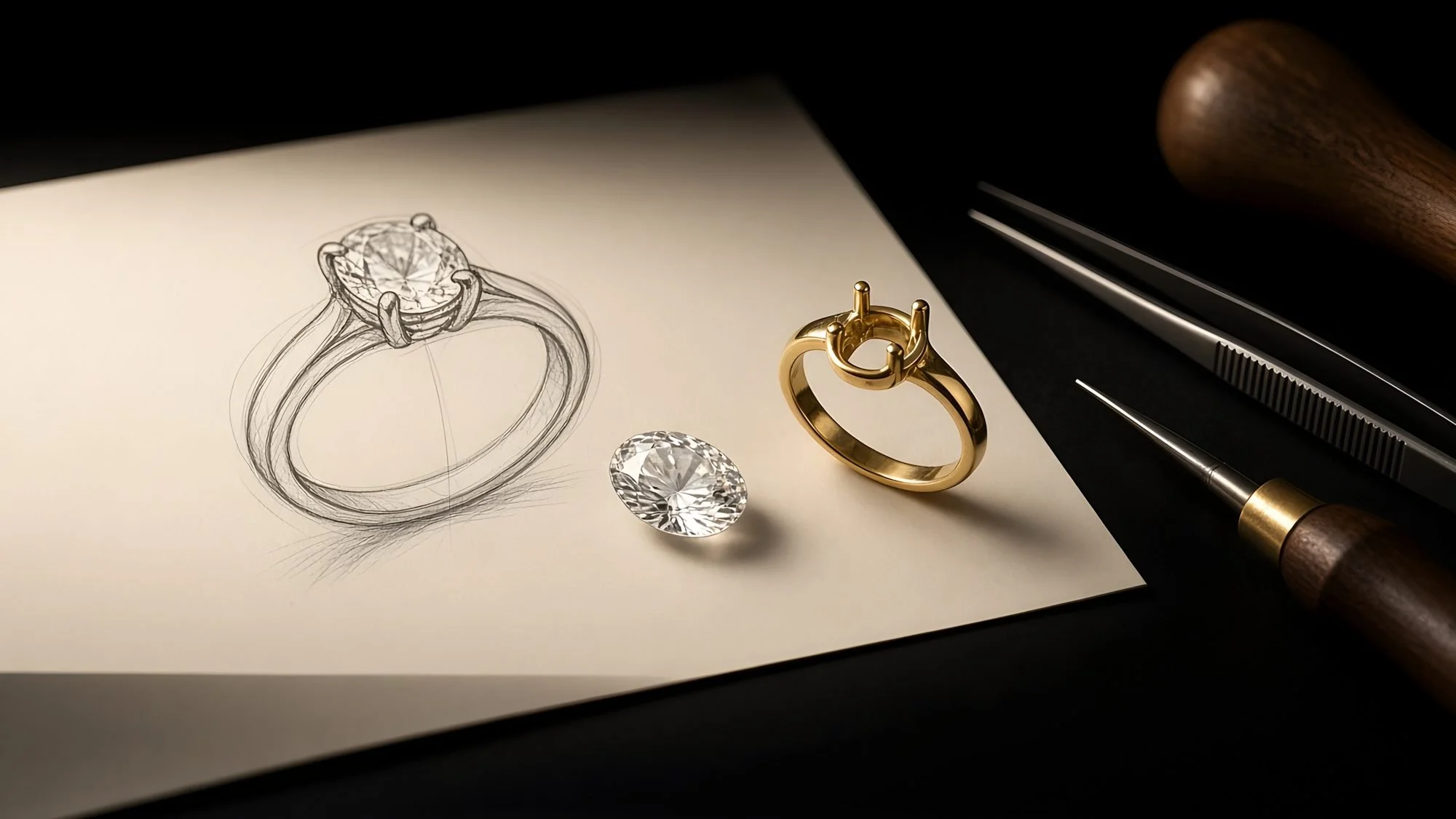 Pencil sketch of a diamond ring beside a loose diamond, gold setting and jeweller's tools – bespoke jewellery design