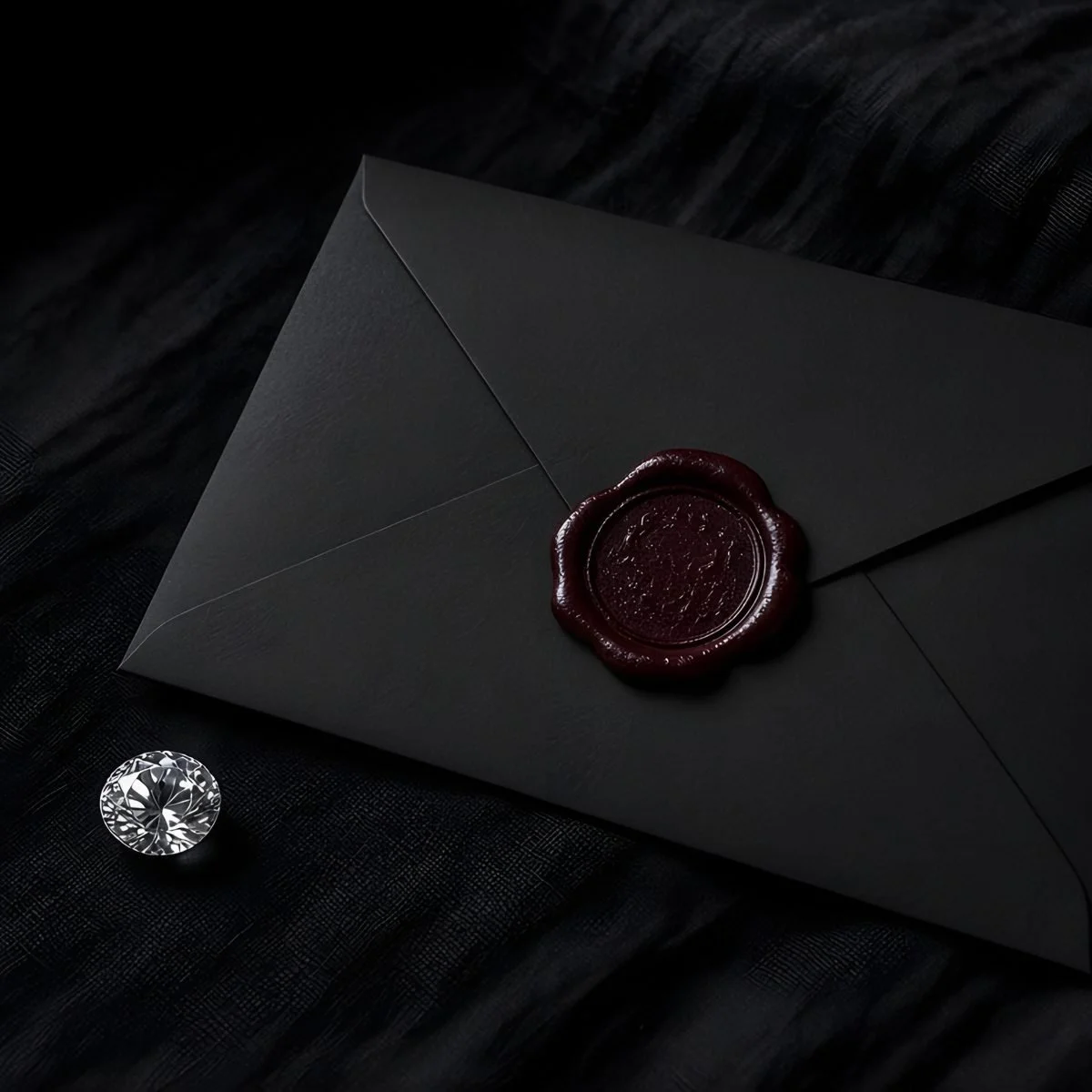 Wax-sealed black envelope beside a loose diamond