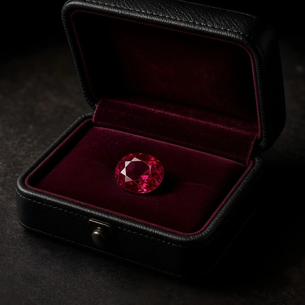 Ruby in an open velvet-lined leather box