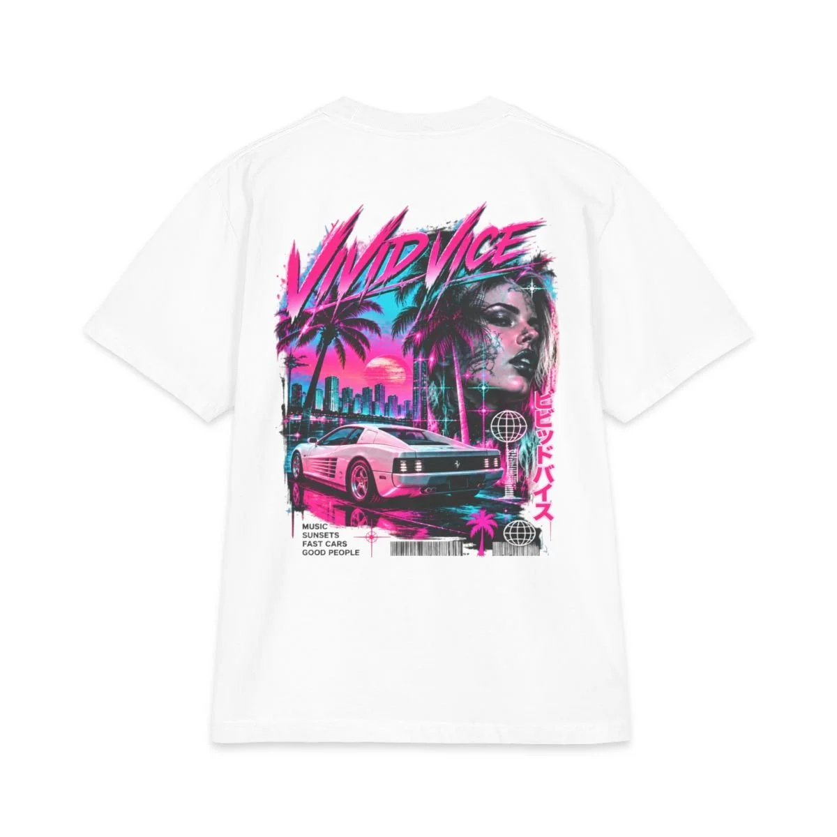 VIVID VICE Night Drive tee with neon Miami cityscape and retro car graphic