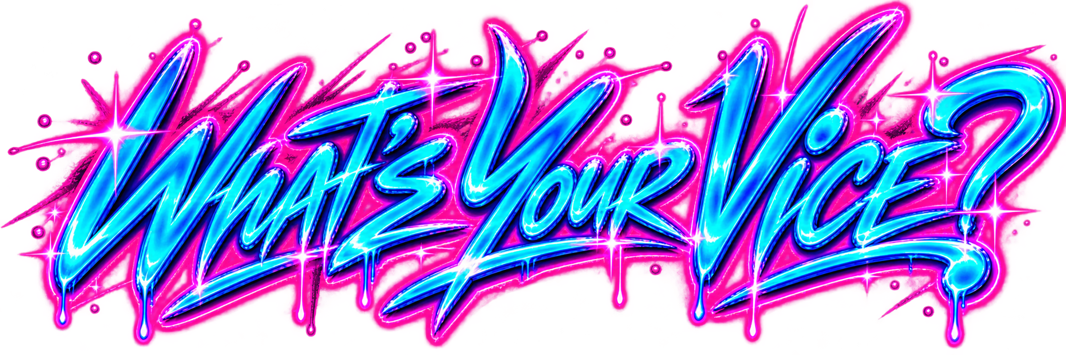 Neon sign with the text 'What's Your Vice?' in blue cursive lettering, surrounded by pink and purple splashes and star-like sparkles.