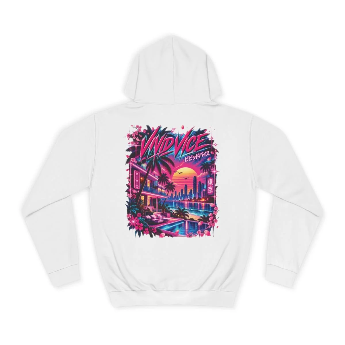VIVID VICE Neon Paradise hoodie with neon resort and waterfront artwork