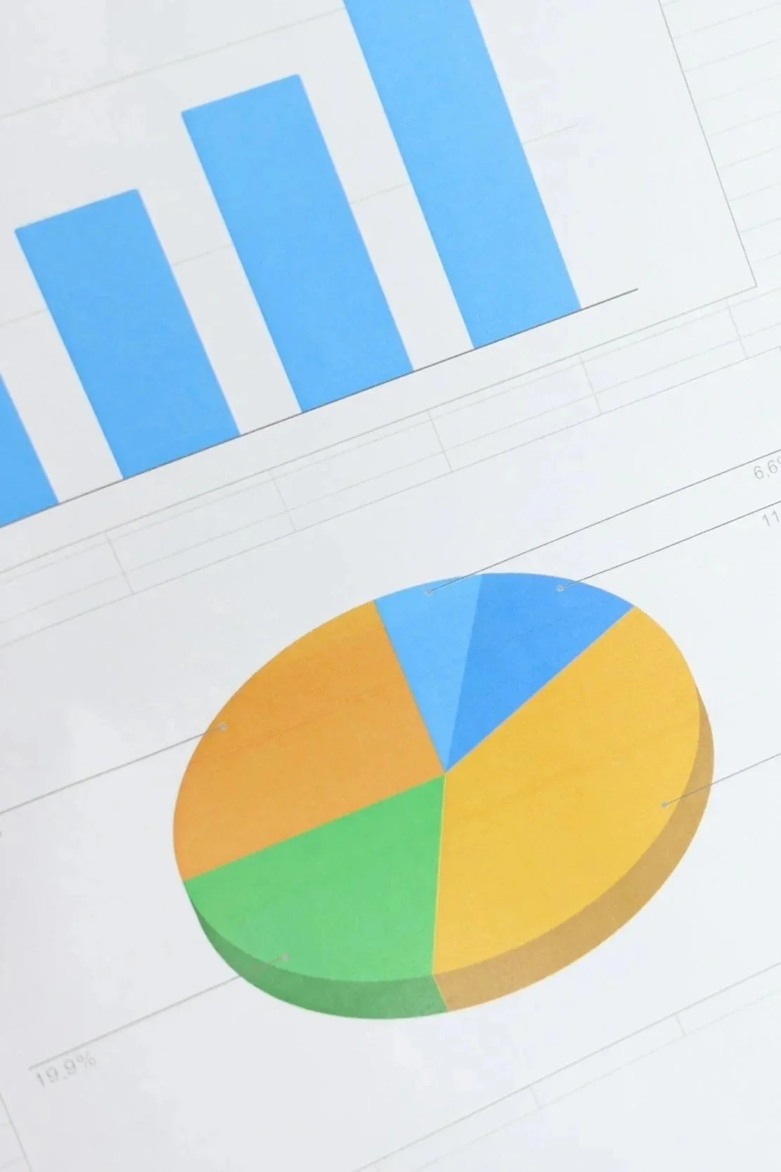 Screenshot of a data visualization featuring a blue bar chart and a multi-colored pie chart.