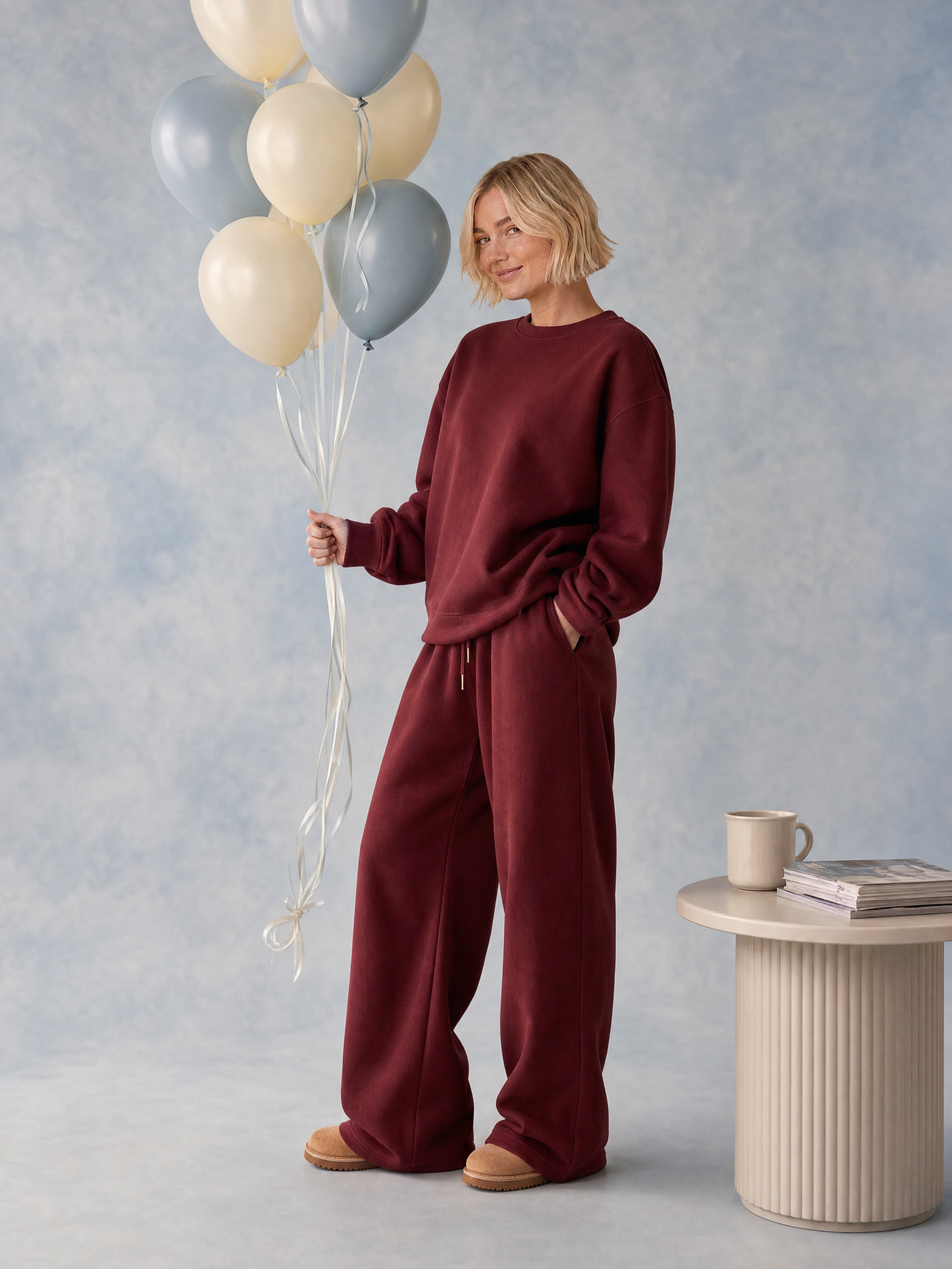 Woman in a burgundy oversized fleece crewneck and wide-leg sweatpants holding cream and blue balloons beside a small side table with a mug
