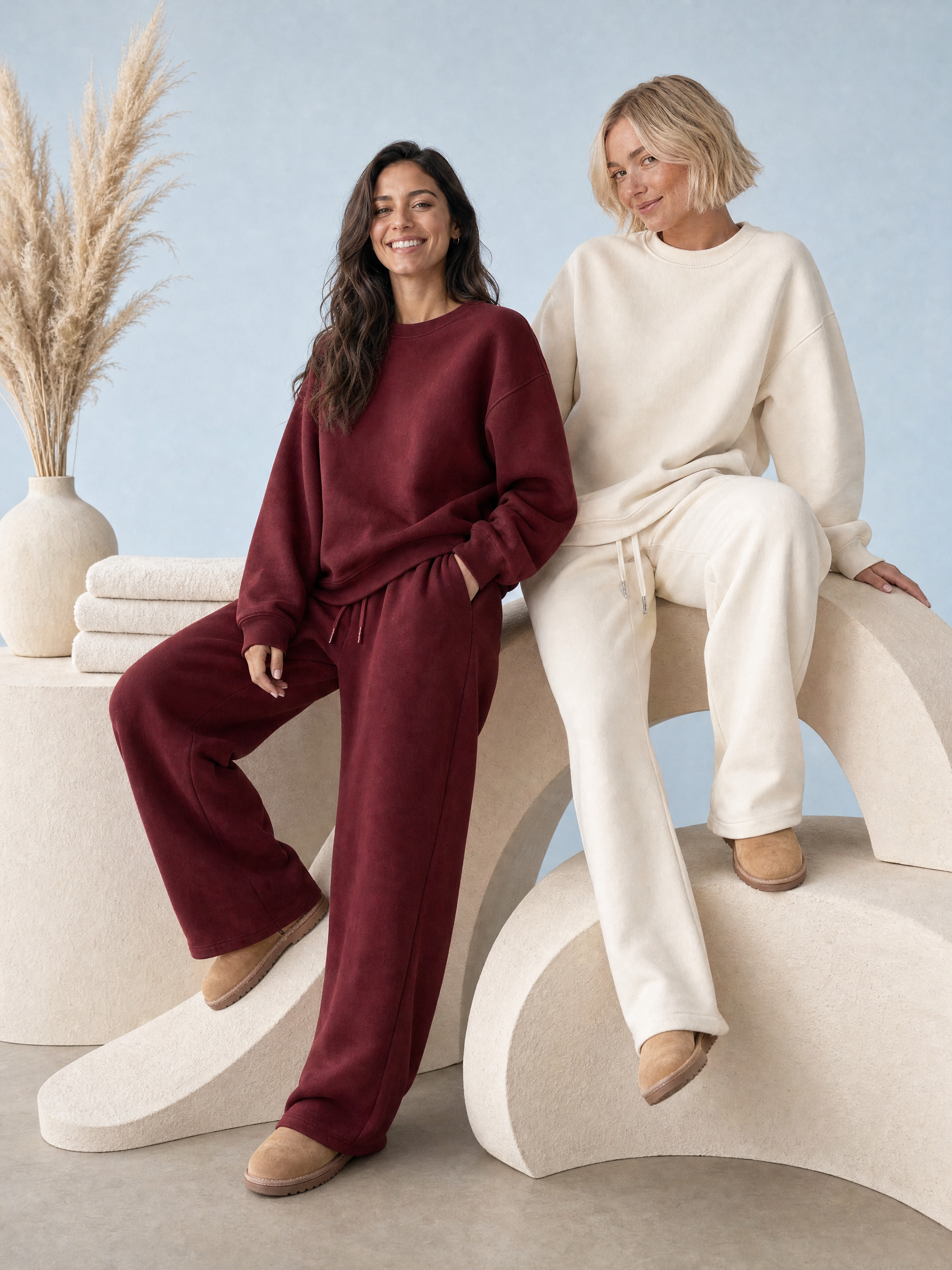 Two women smiling in matching oversized fleece crewneck and wide-leg sweatpant sets, one in burgundy and one in cream, beside a vase of pampas grass