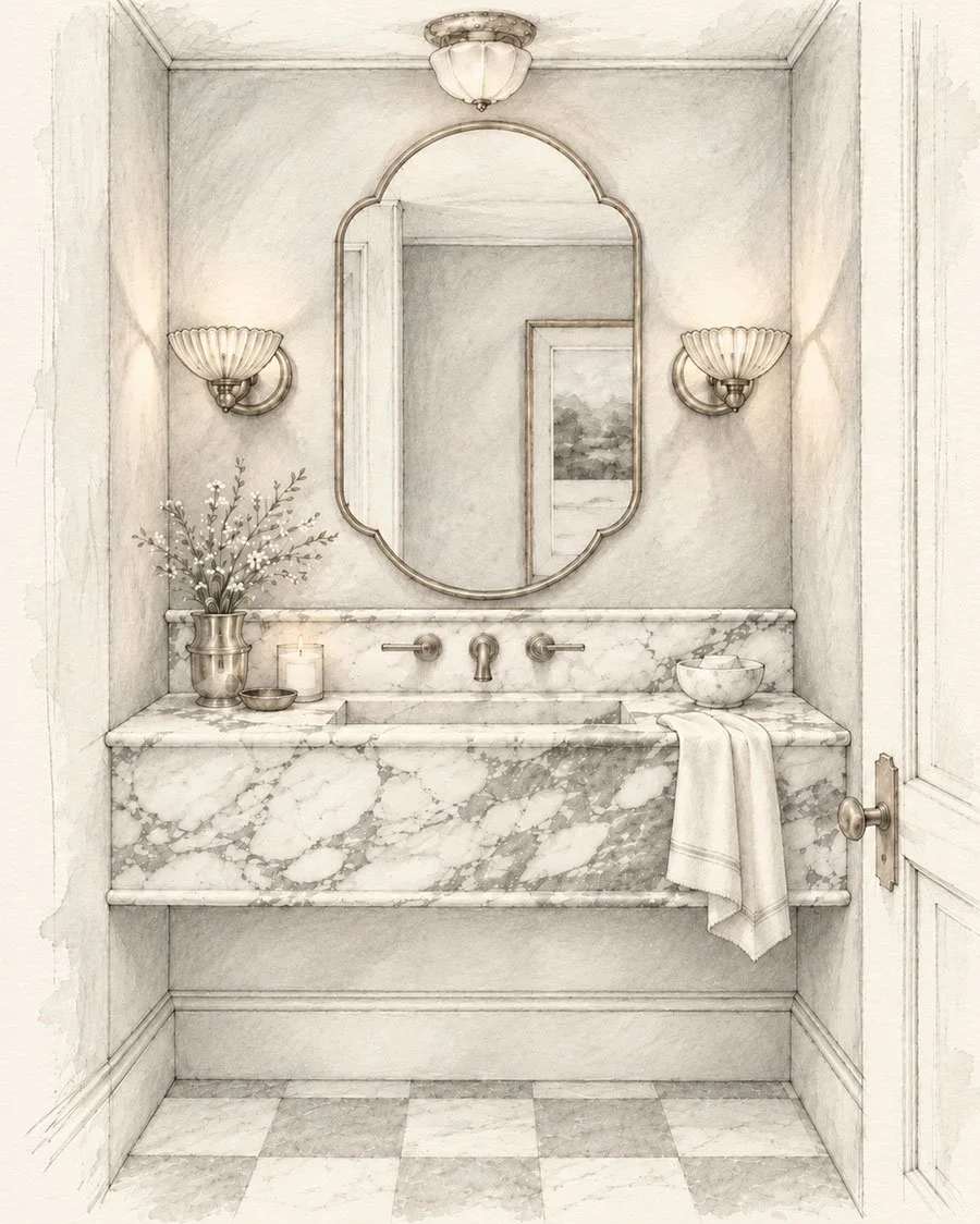 Interior Design Sketch of Luxurious Marble Bathroom