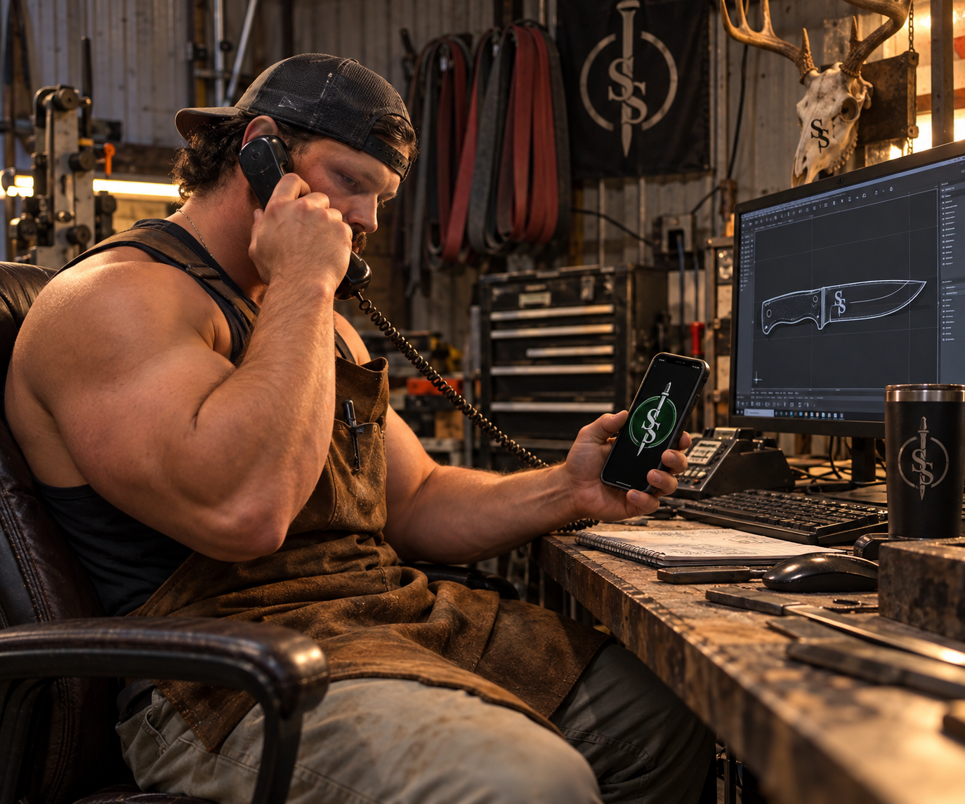 Blacksmith in a leather apron talking on a corded phone while viewing a knife design on a computer in a workshop