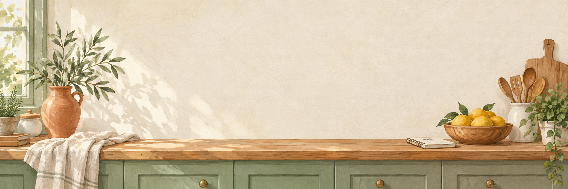 Cozy kitchen illustration in sage, cream, and terracotta