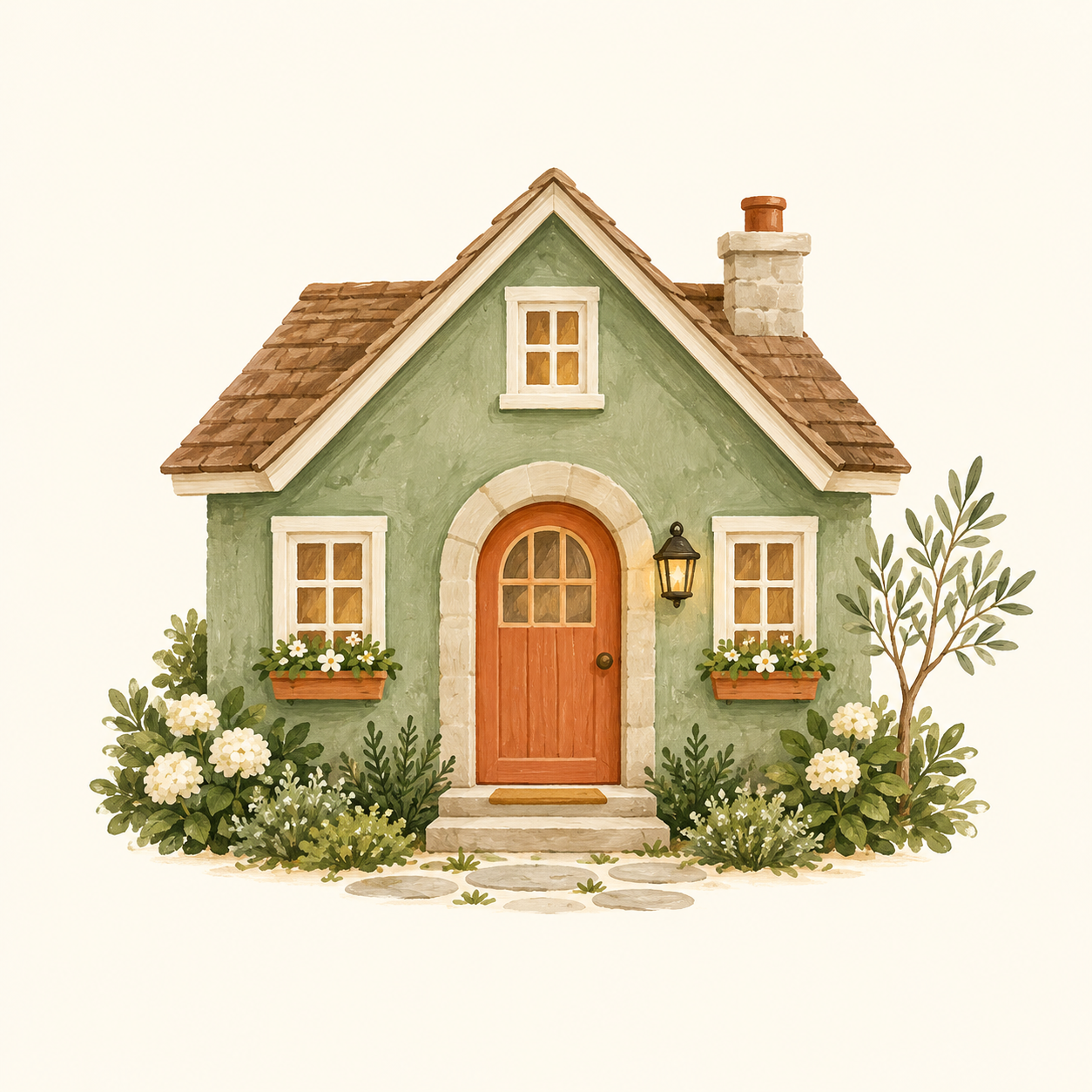 Welcoming sage cottage with a terracotta door, Nest & Neighbor brand illustration
