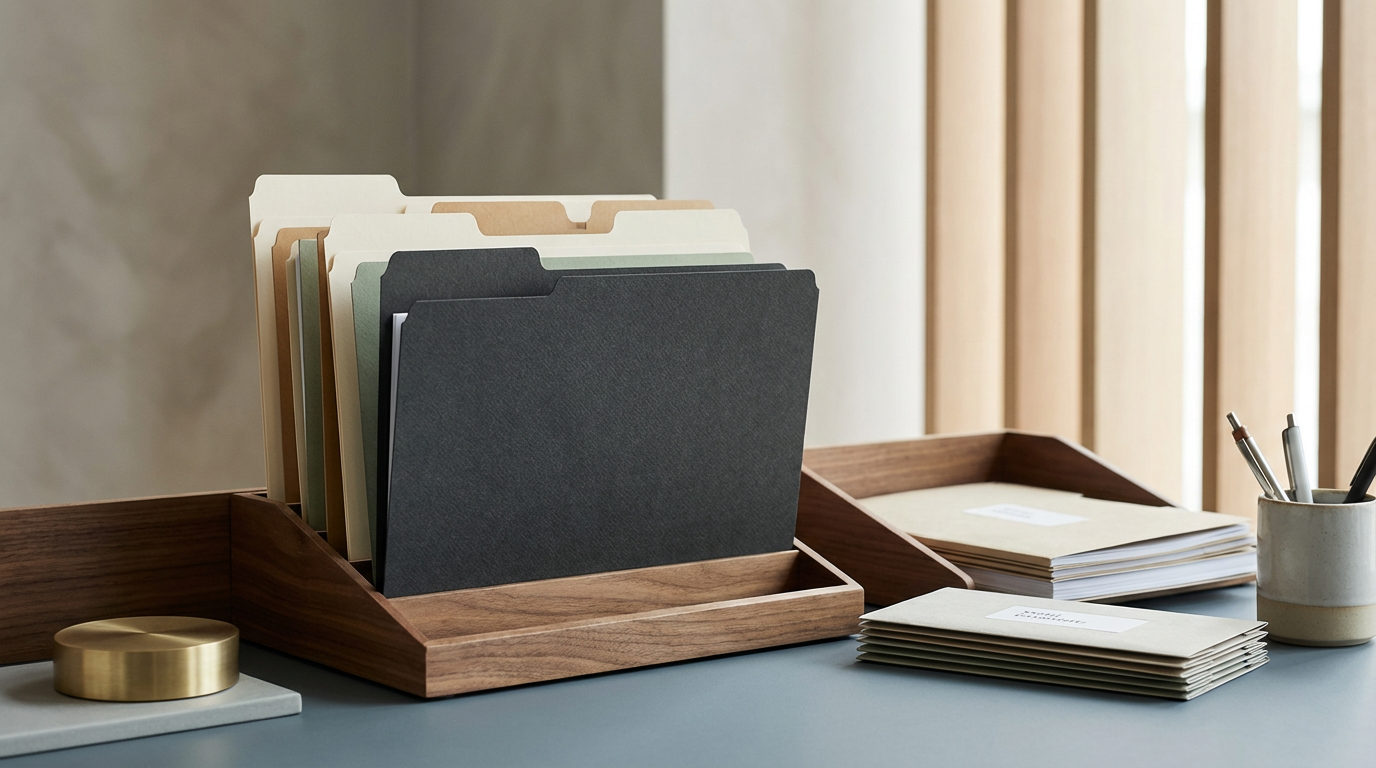 Desk organizer with colored folders, stacks of paper, and pens in a cup.