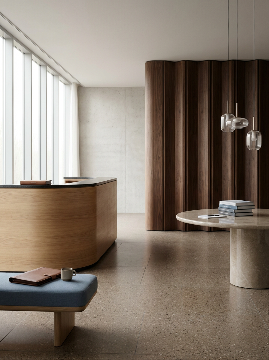 Modern interior space with curved wooden reception desk, round stone table, and a bench with books and a coffee cup, featuring large windows and wooden paneling.