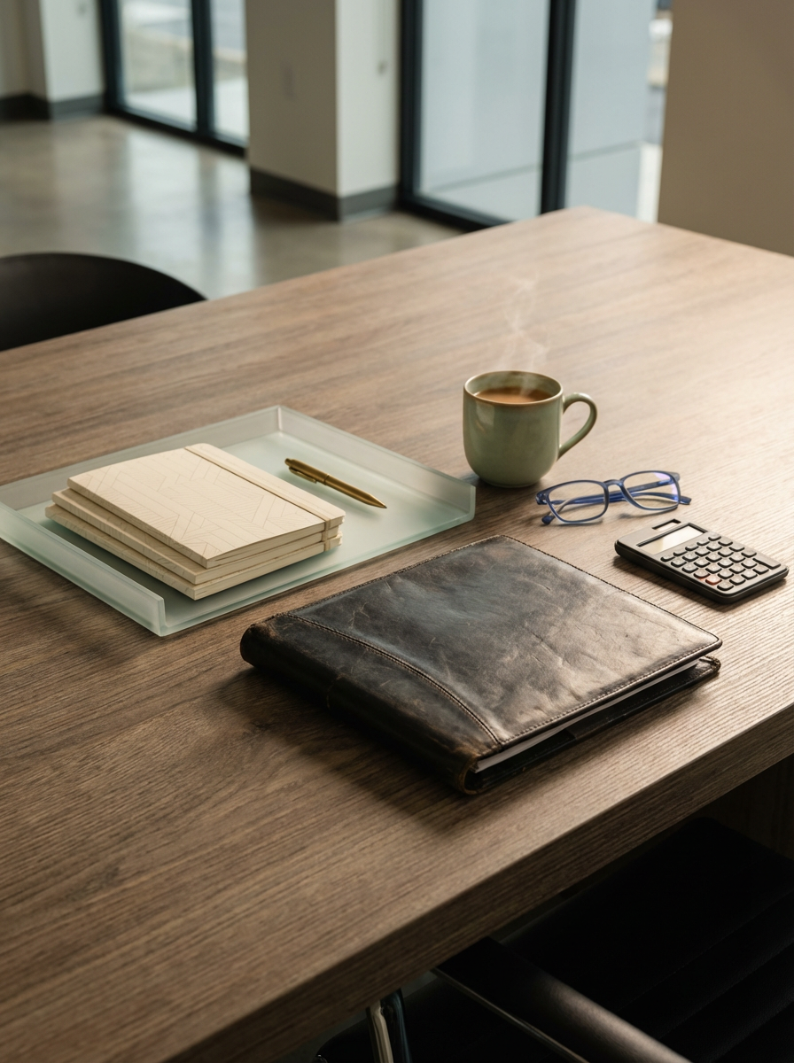 Desk with notebooks, a pen, a coffee mug emitting steam, a pair of glasses, a calculator, and a black leather folder or journal.
