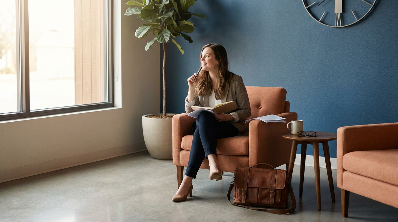 A woman sitting on a pink armchair next to a window, holding a notebook and pen, smiling and looking out. There is a side table with a mug, glasses, and papers, and a large potted plant nearby.