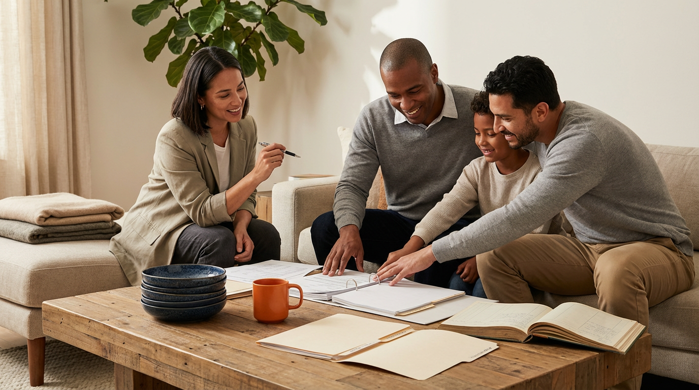 A diverse group of four people, including two men, one woman, and a child, sitting on a beige couch in a living room, engaged in looking at documents and photos on a wooden coffee table, with a large green plant in the background.