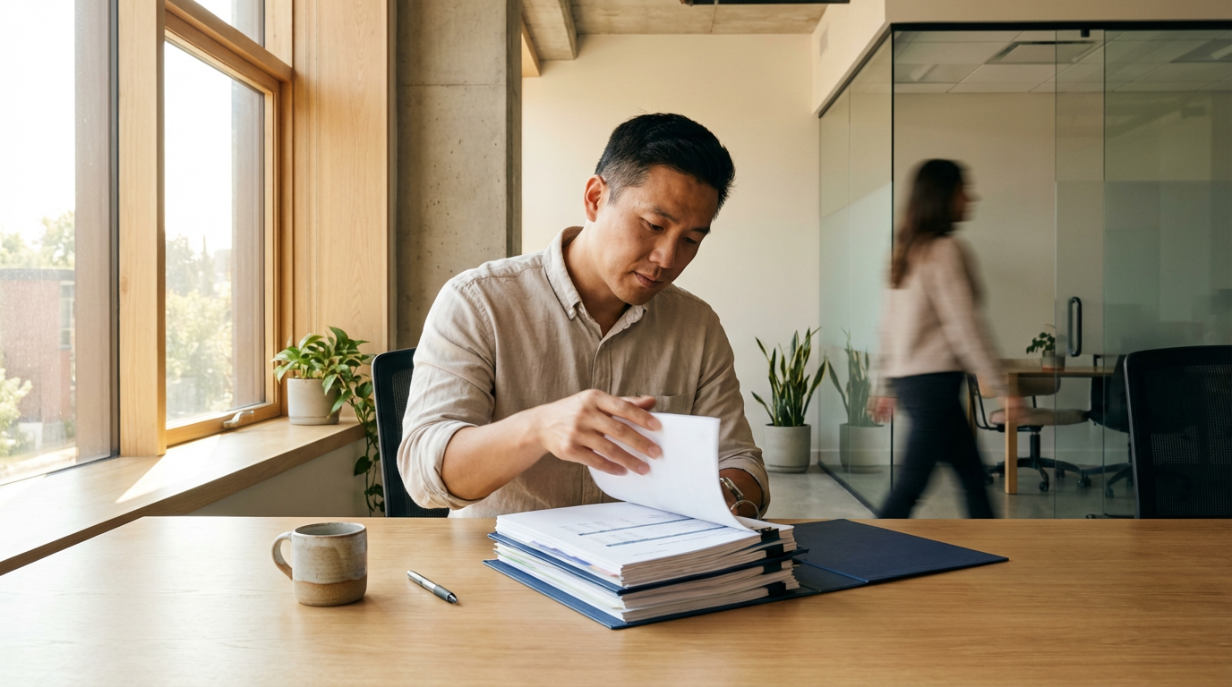 A man sitting at a desk looking through a folder of papers inside an office with plants and a large window, with a woman walking by in the background.