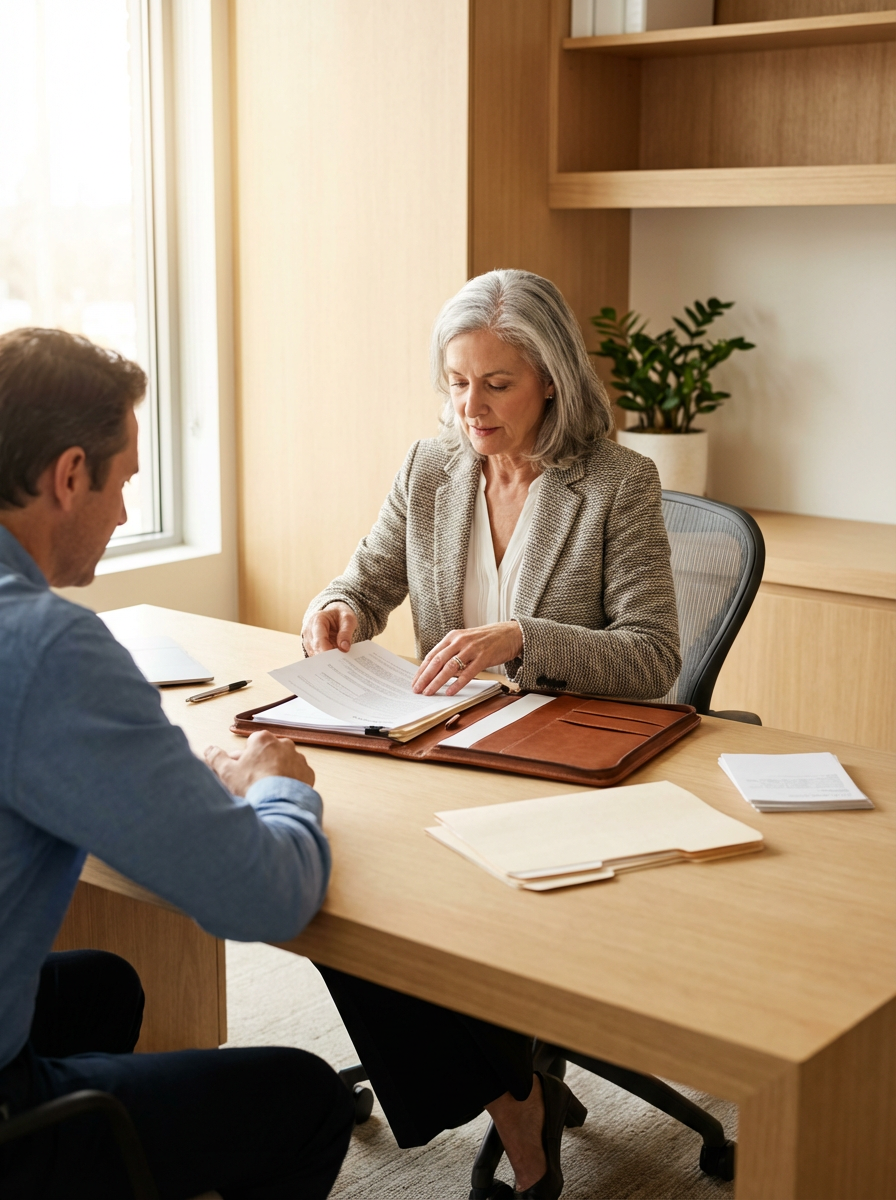 A woman and a man seated at a desk during a business meeting or interview. The woman is looking at documents, and the man is sitting across from her. The room is well-lit with natural light from a window.