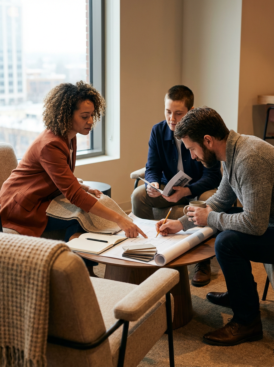 Three colleagues collaborating over architectural plans and blueprints in a modern office.