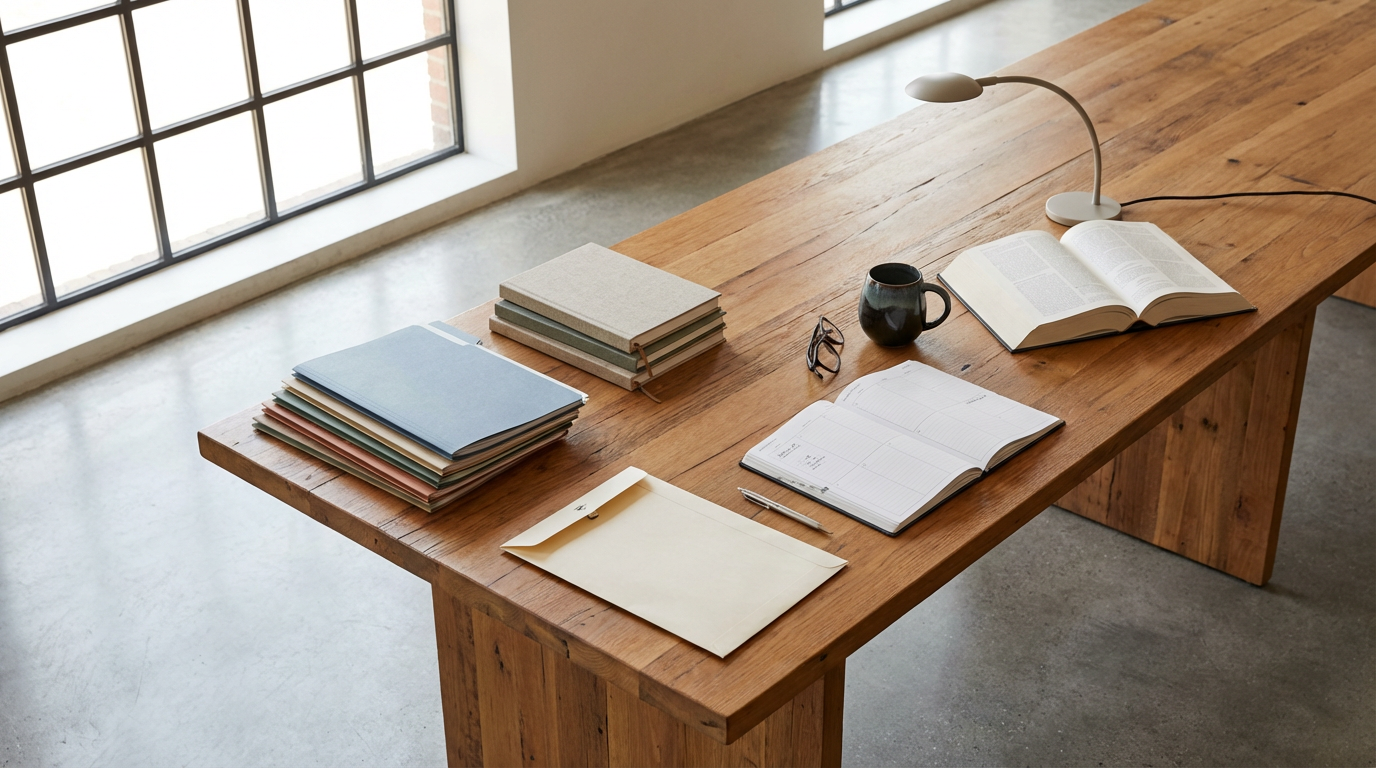 Wooden desk with stacked notebooks, folders, an open planner, a yellow envelope with a pen, an open book, a black coffee mug, glasses, and a small white desk lamp, near large window with grid pattern.