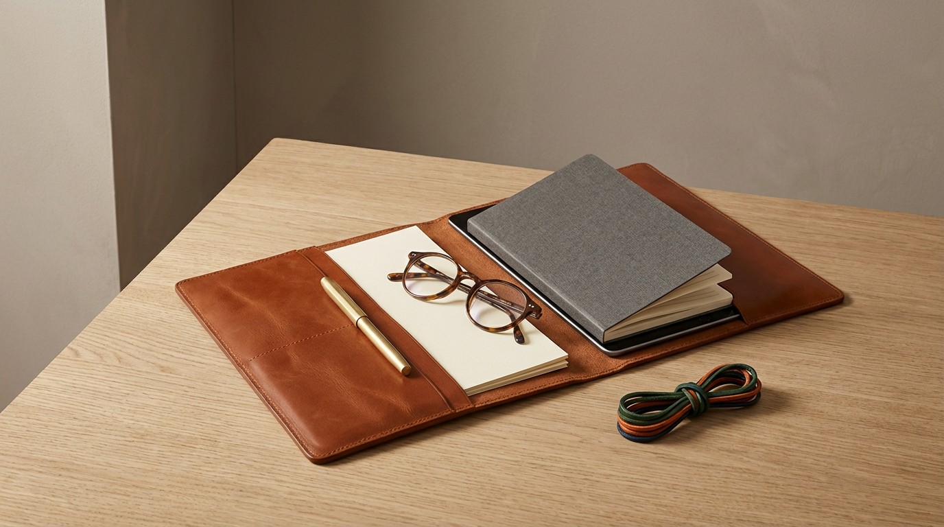 Open leather portfolio on a wooden desk with a notepad, eyeglasses, a pen, a gray notebook, and a rolled-up elastic strap.