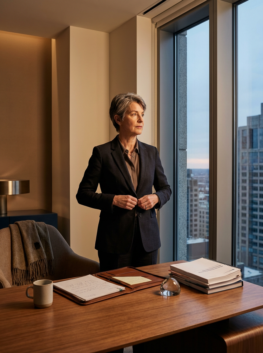 A woman in a dark business suit standing in an office, looking out the window at a cityscape in the evening. The office has a wooden table with stacked papers, a notebook, and a mug.