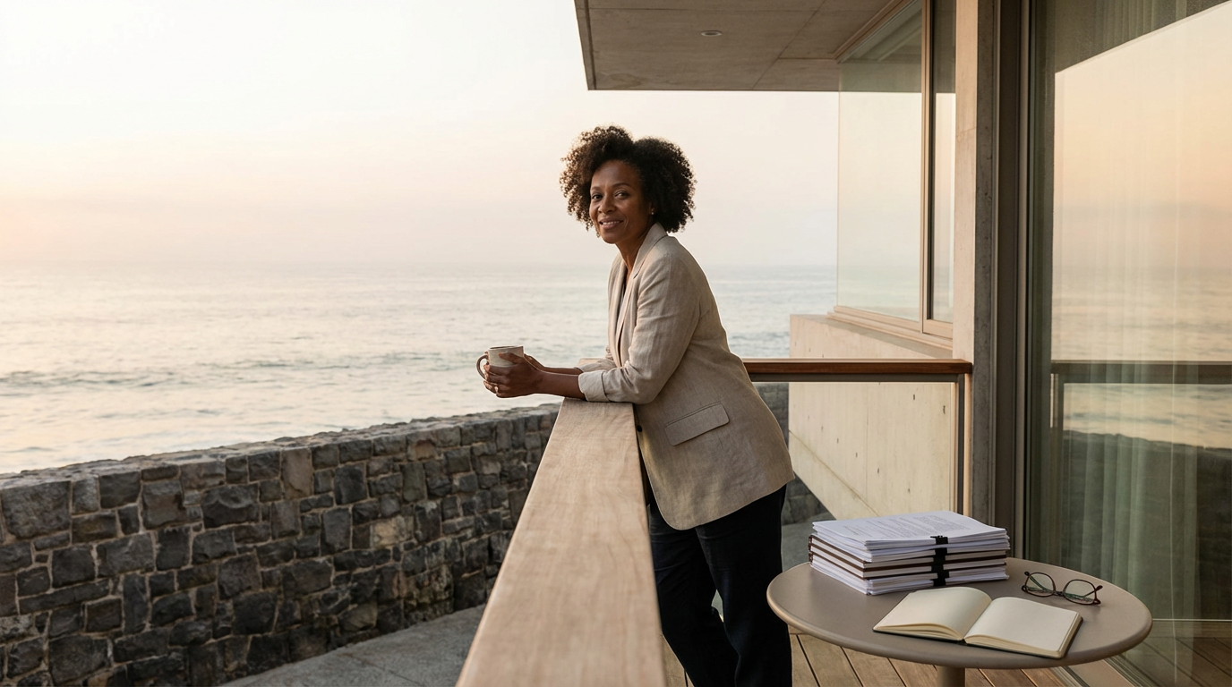 A woman with curly hair holds a mug and stands on a balcony overlooking the ocean at sunset, with a stack of papers and an open notebook on a small table nearby.