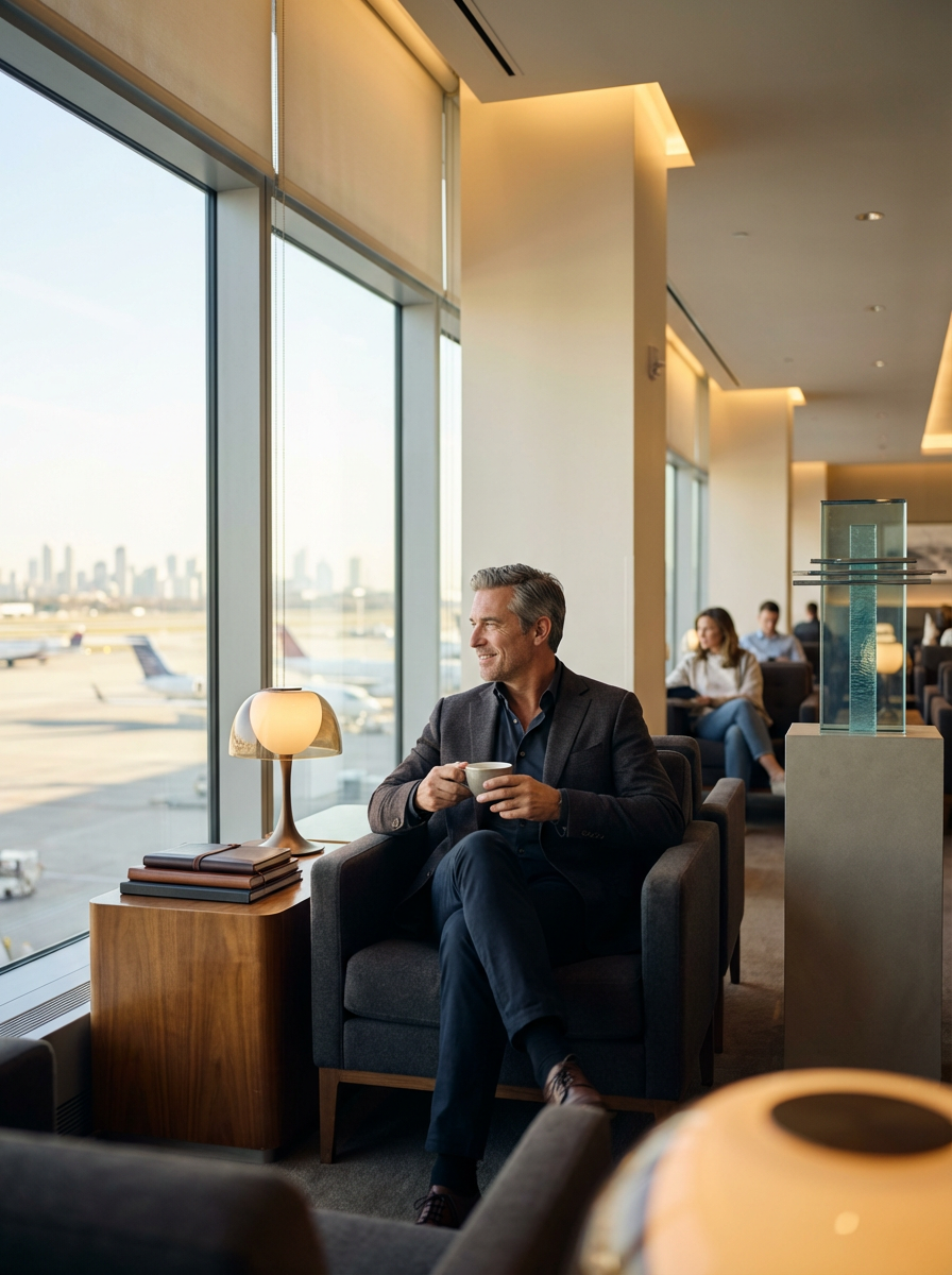 A man sitting in an airport lounge holding a cup, smiling and looking out the window at airplanes and the city skyline in the background.
