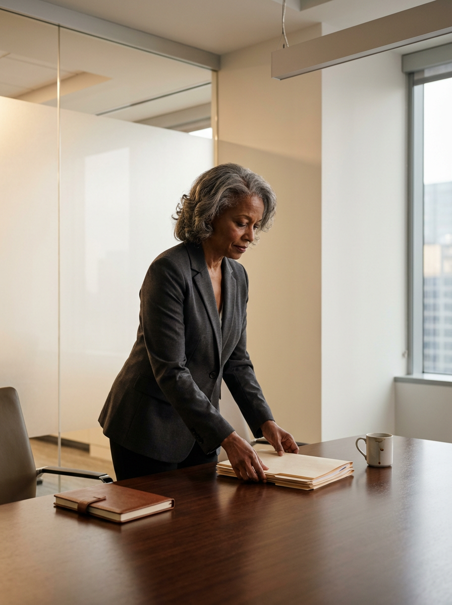 A woman in a dark gray business suit standing at a wooden conference table, looking at a stack of papers. There is a closed notebook, a coffee mug, and a large window with city buildings in the background.