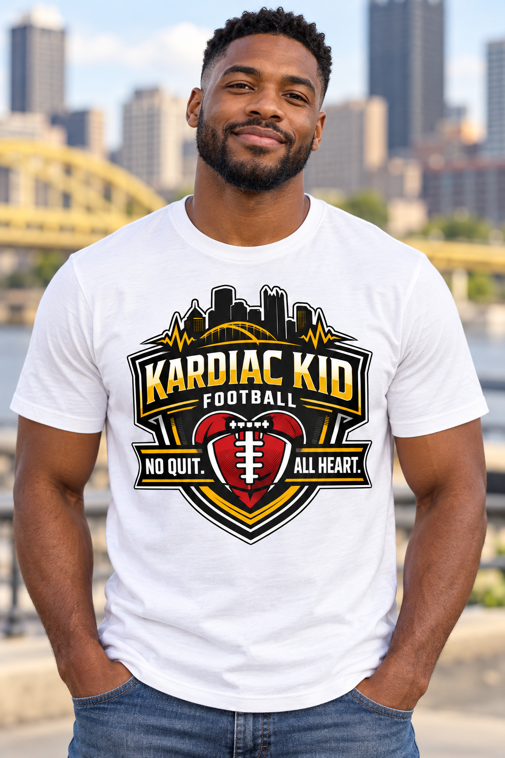 A man standing outdoors near a cityscape background, wearing a white T-shirt with a football-themed design that says 'Kardiac Kid Football' with a heart-shaped football graphic and the phrases 'No Quit' and 'All Heart'.