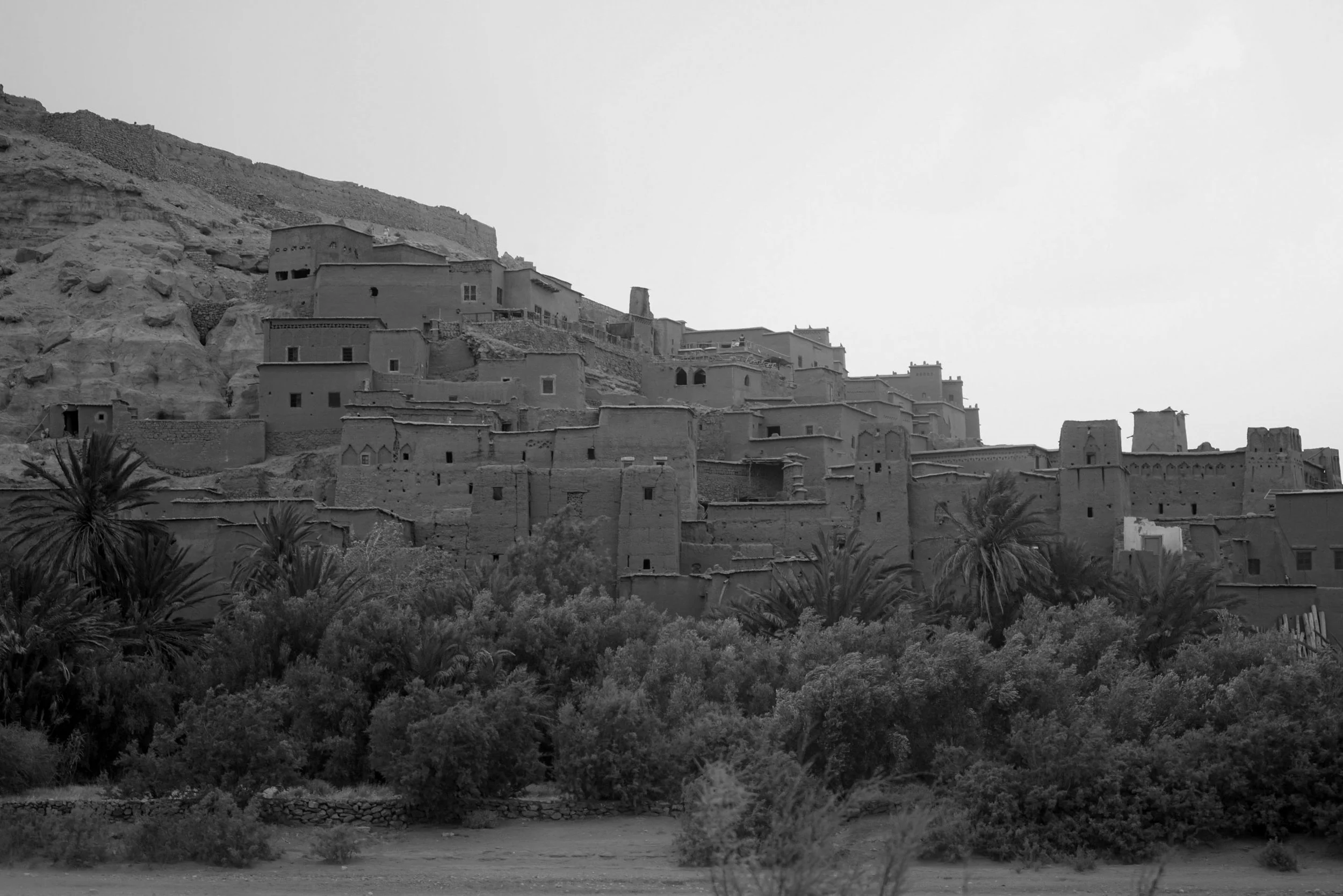 A black and white photograph of a hillside village with multifaceted adobe-style buildings, surrounded by desert plants and palm trees.