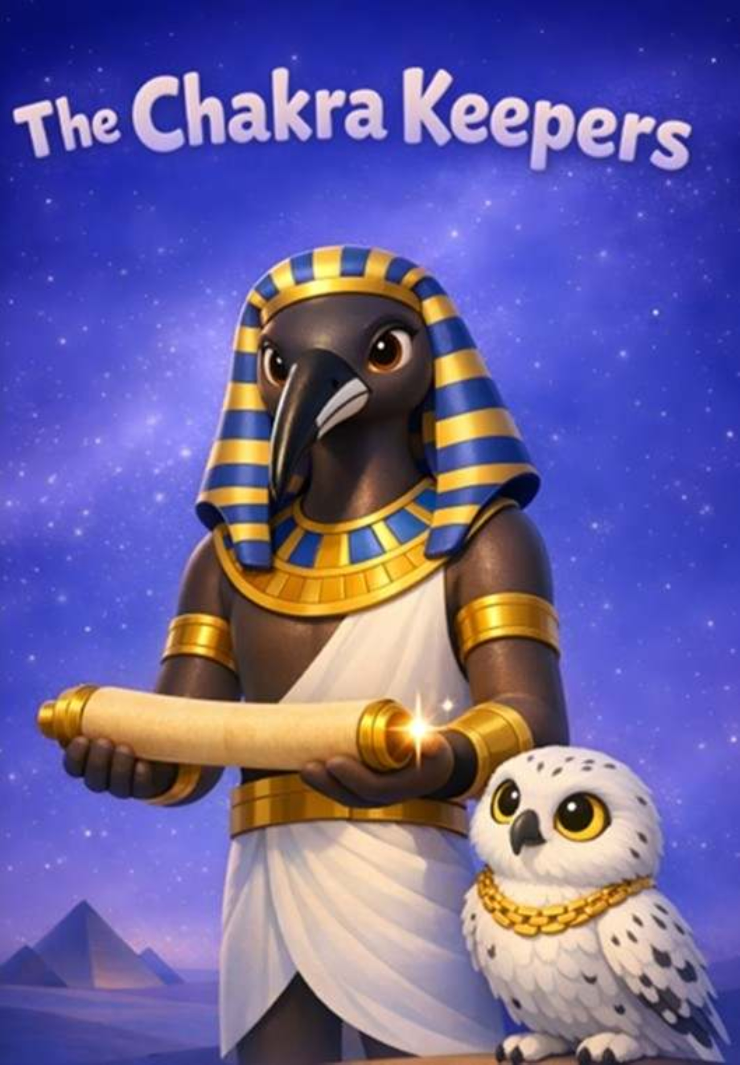A character dressed as an ancient Egyptian pharaoh with a hawk's head and elaborate gold and blue accessories, holding a golden scroll, with a white owl adorned with gold jewelry and a background of a starry night sky.