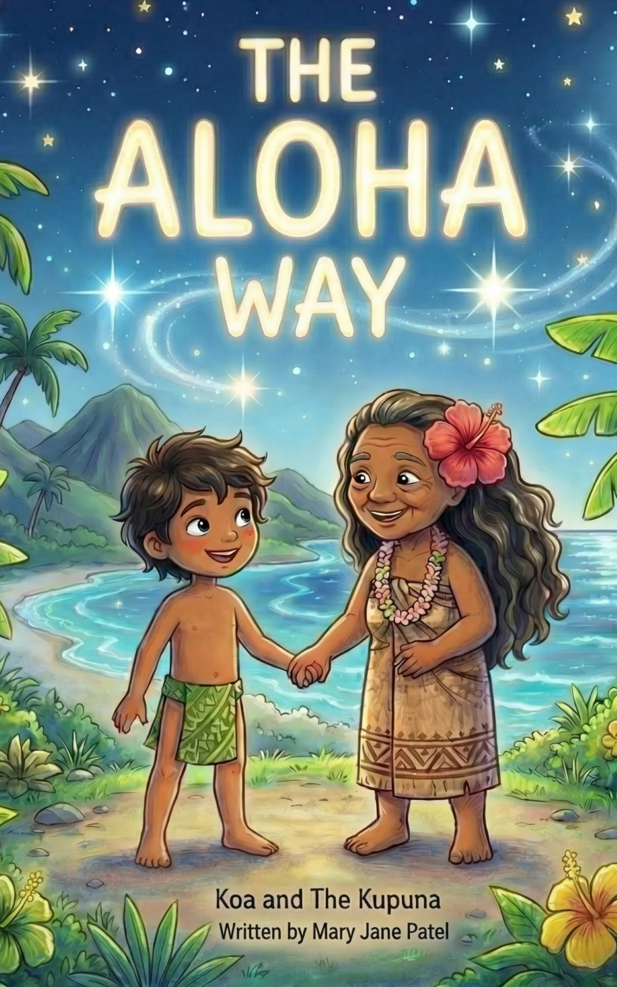 Illustration of a young boy and an elderly woman holding hands on a tropical beach, surrounded by lush plants, palm trees, mountains, and a starry night sky with glowing stars and swirls, with the title 'The Aloha Way' at the top and the subtitle 'Koa and The Kupuna, Written by Mary Jane Patel' at the bottom.