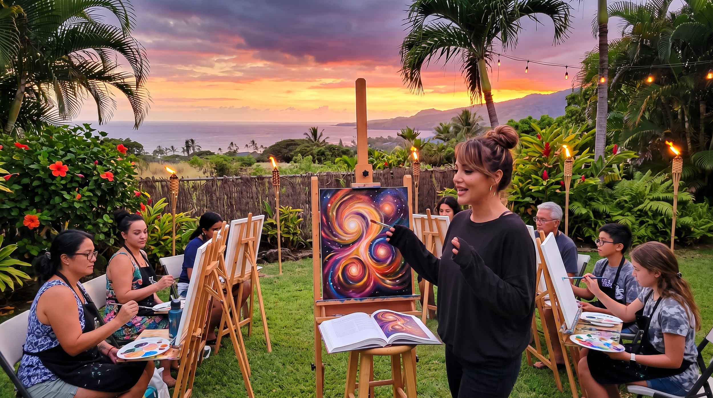 A woman leading an outdoor painting class with people seated at easels, painting abstract galaxy artwork, set in a lush garden with tropical plants and a view of the ocean at sunset.